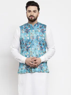 Men Sky-Blue Printed Satin Nehru Jacket