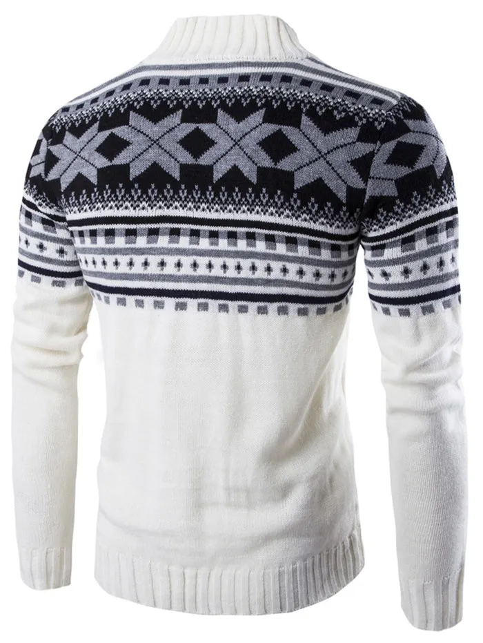 Men's Christmas Knitted Geometric Snowflake Pattern Cardigan