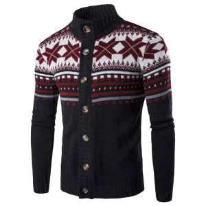 Men's Christmas Knitted Geometric Snowflake Pattern Cardigan