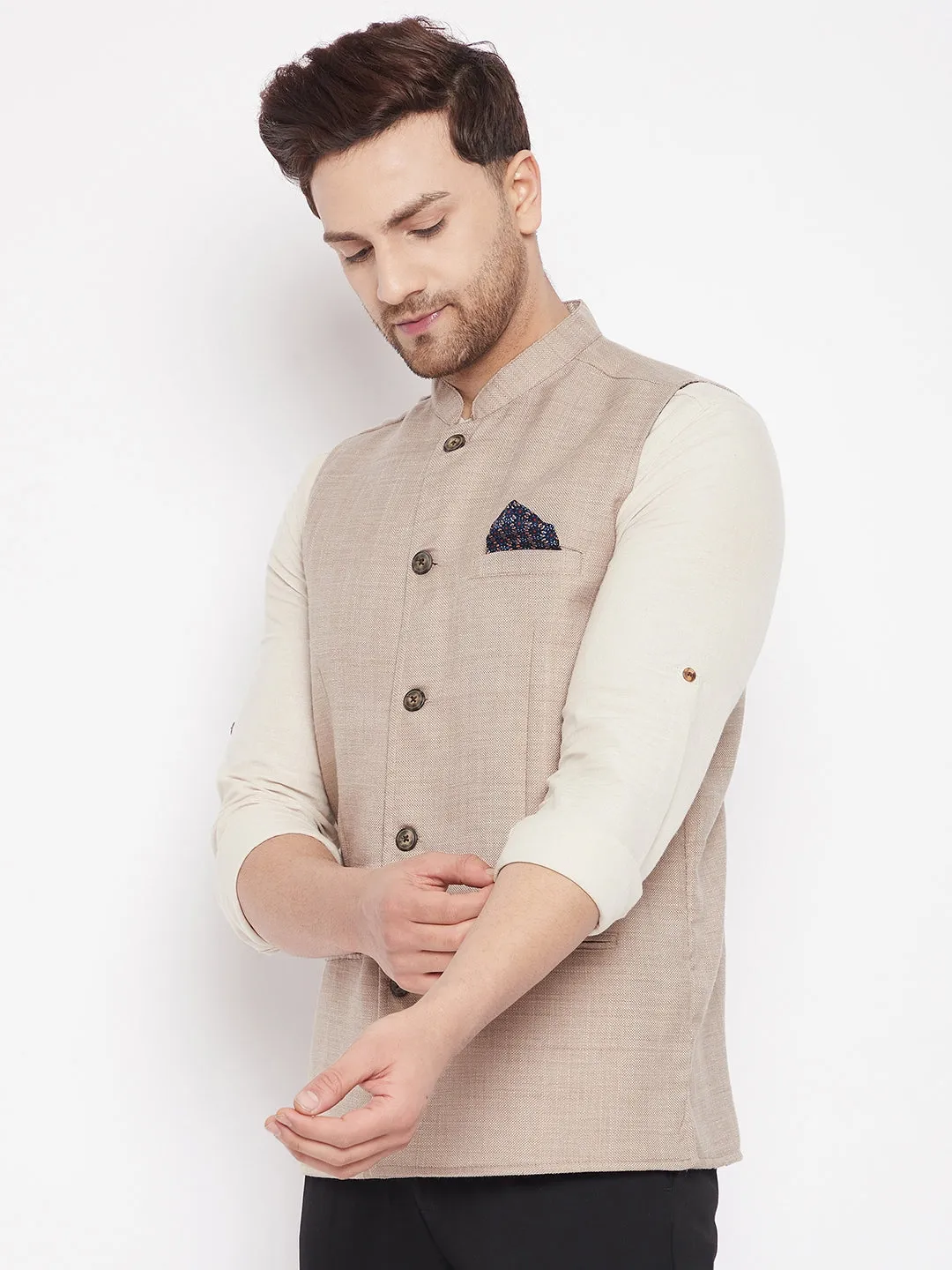 Men's Cream Color Nehru Jacket-Contrast Lining-Inbuilt Pocket Square - Even Apparels