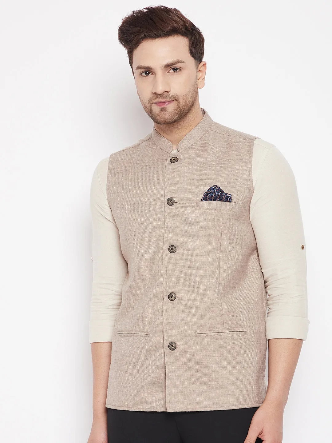 Men's Cream Color Nehru Jacket-Contrast Lining-Inbuilt Pocket Square - Even Apparels