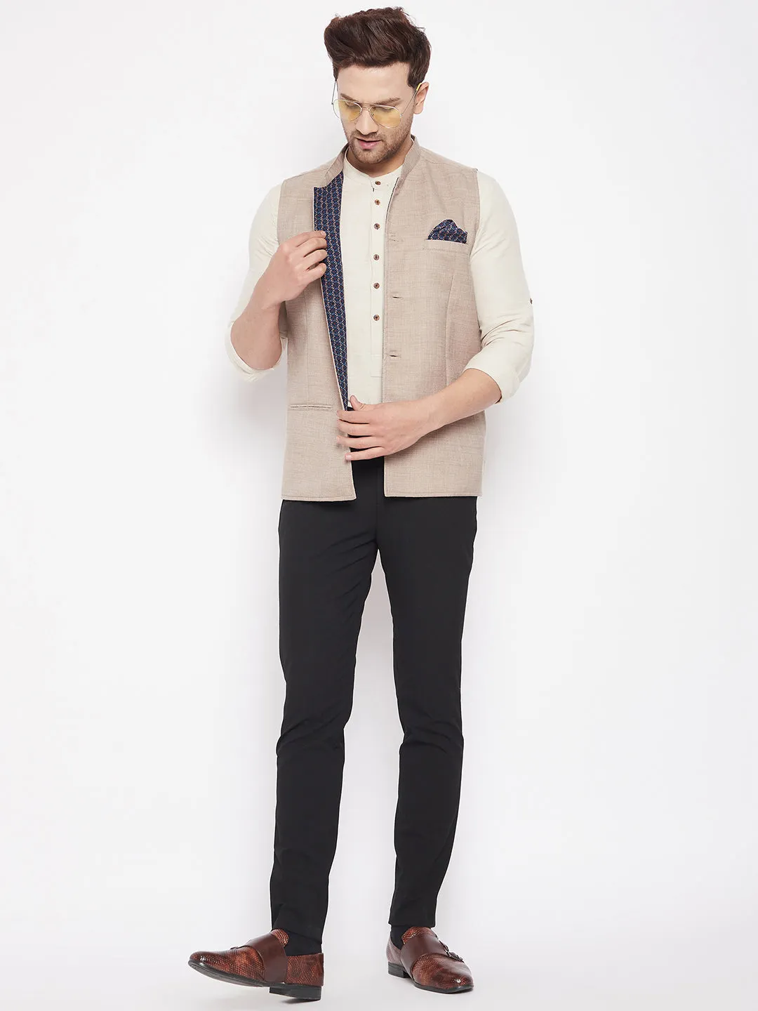 Men's Cream Color Nehru Jacket-Contrast Lining-Inbuilt Pocket Square - Even Apparels