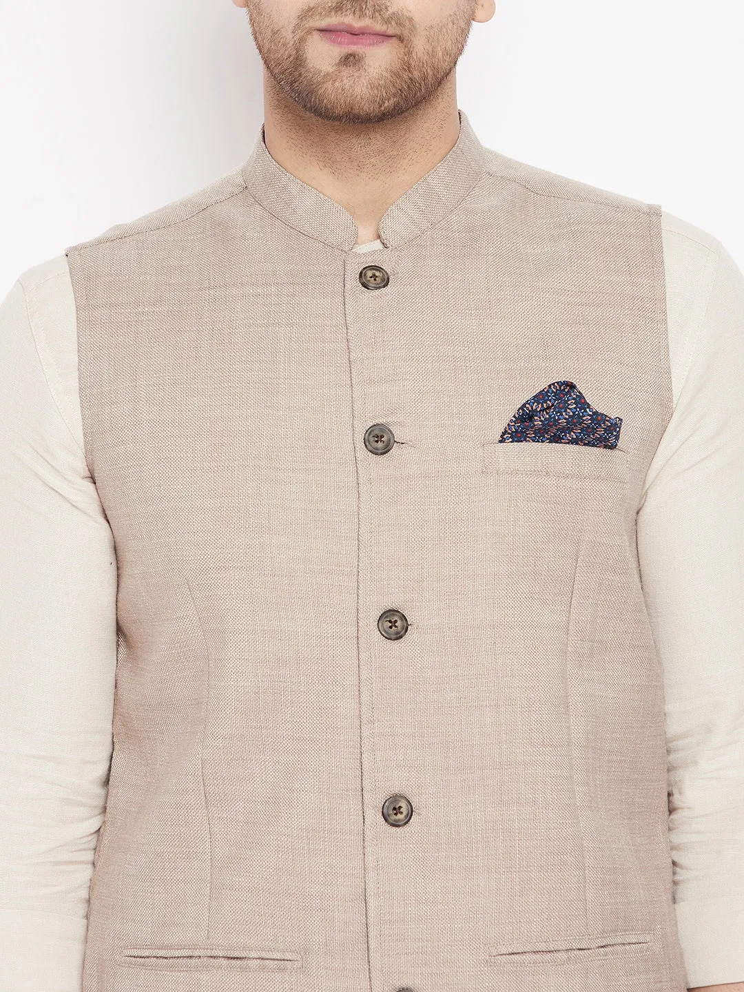 Men's Cream Color Nehru Jacket-Contrast Lining-Inbuilt Pocket Square - Even Apparels