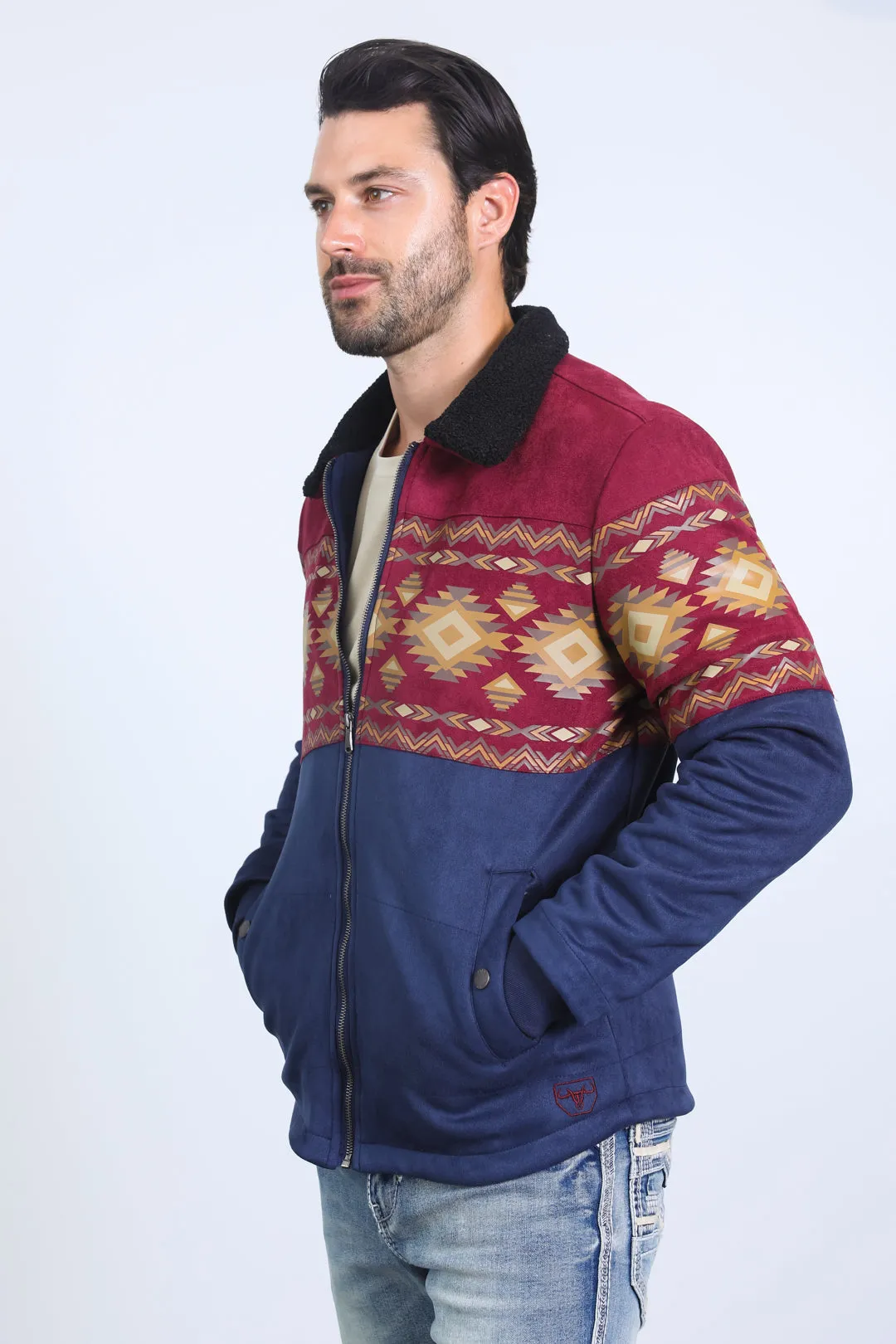 Mens Ethnic Aztec Fur Lined Quilted Suede Navy Jacket