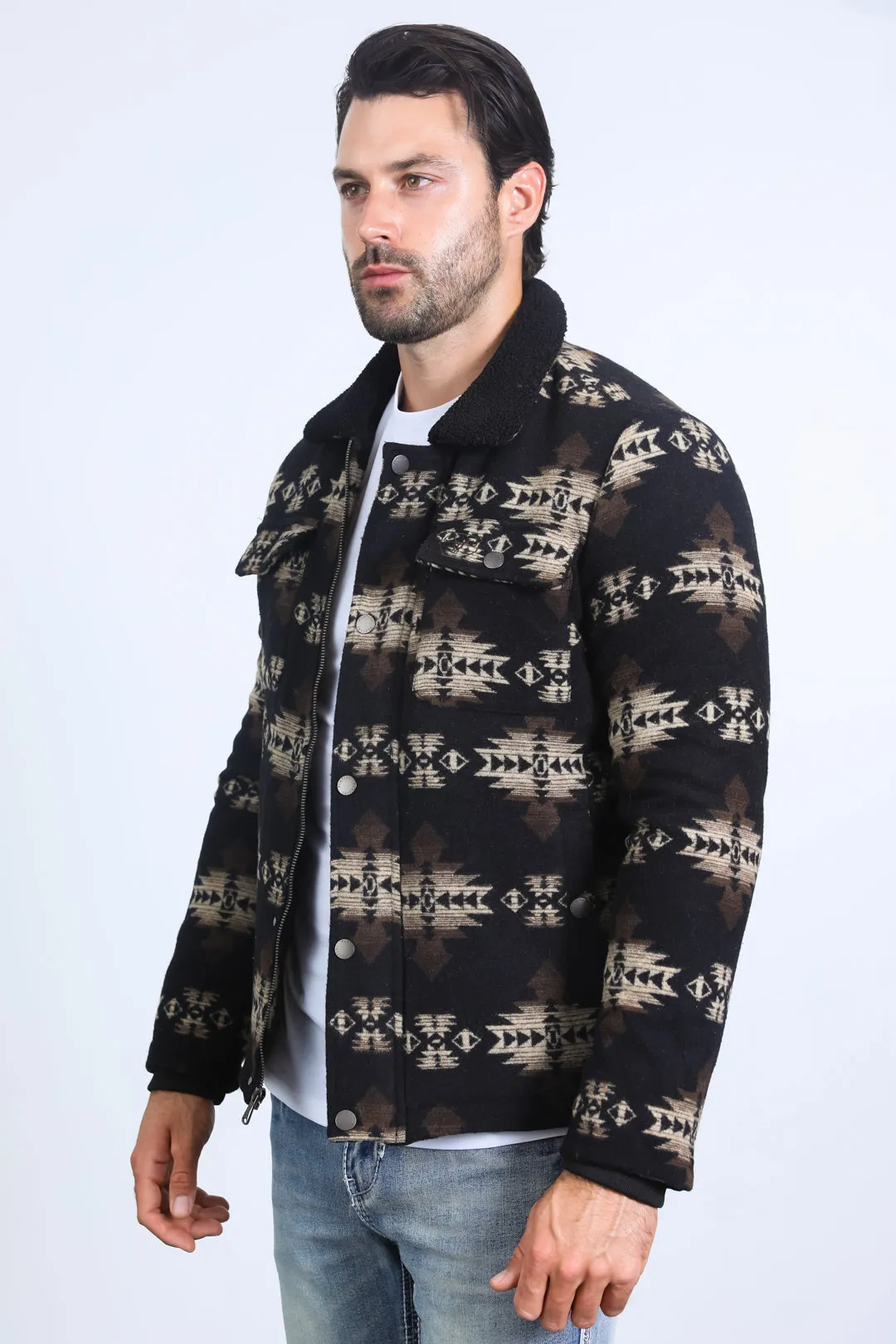 Mens Ethnic Aztec Quilted Twill Black/Brown Jacket