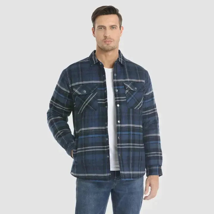 Men's Flannel Shirt Jacket Long Sleeve Quilted Lined Plaid Coat Button Down Thick Outwear for Winter