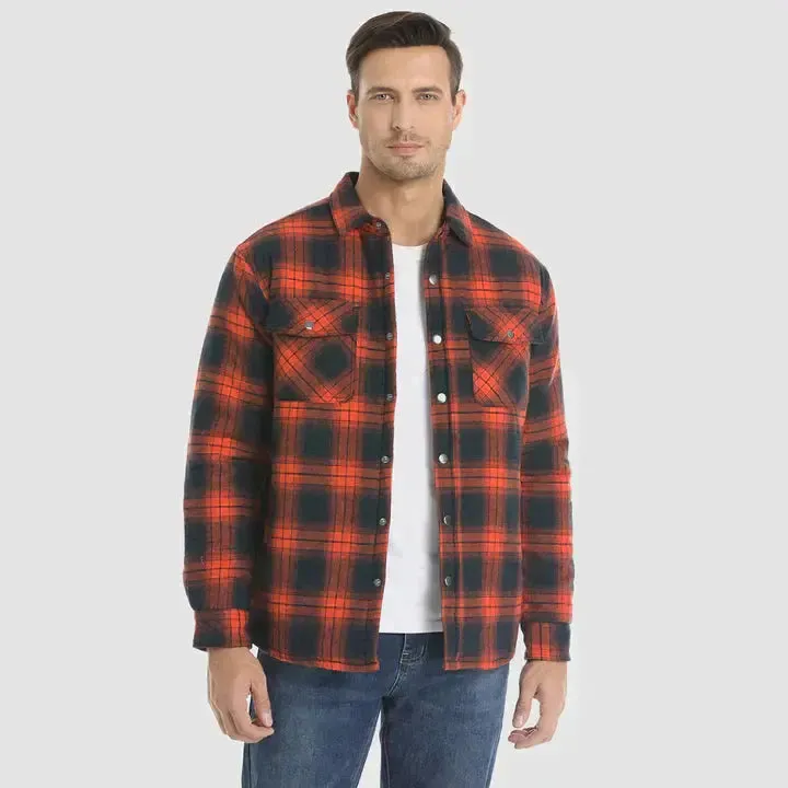 Men's Flannel Shirt Jacket Long Sleeve Quilted Lined Plaid Coat Button Down Thick Outwear for Winter