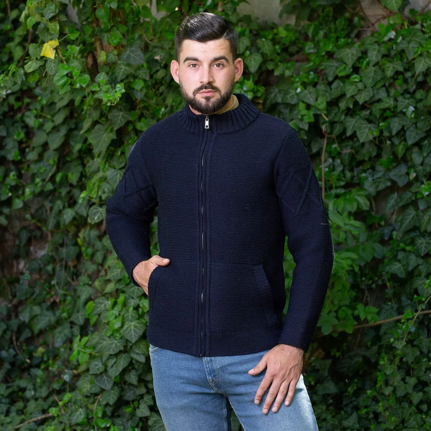 Men's Full Zip Irish Cardigan with Cable Knit Pattern