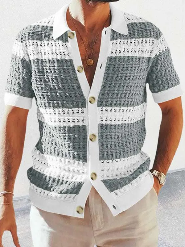 Men's new lapel short-sleeved color-blocked cardigan