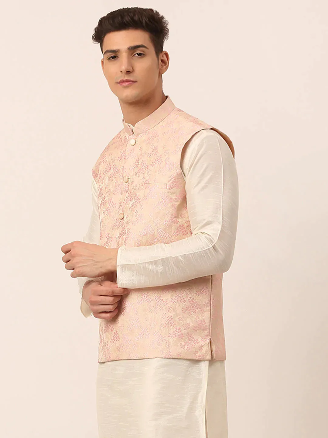 Men'S Pink Floral Design Nehru Jacket.