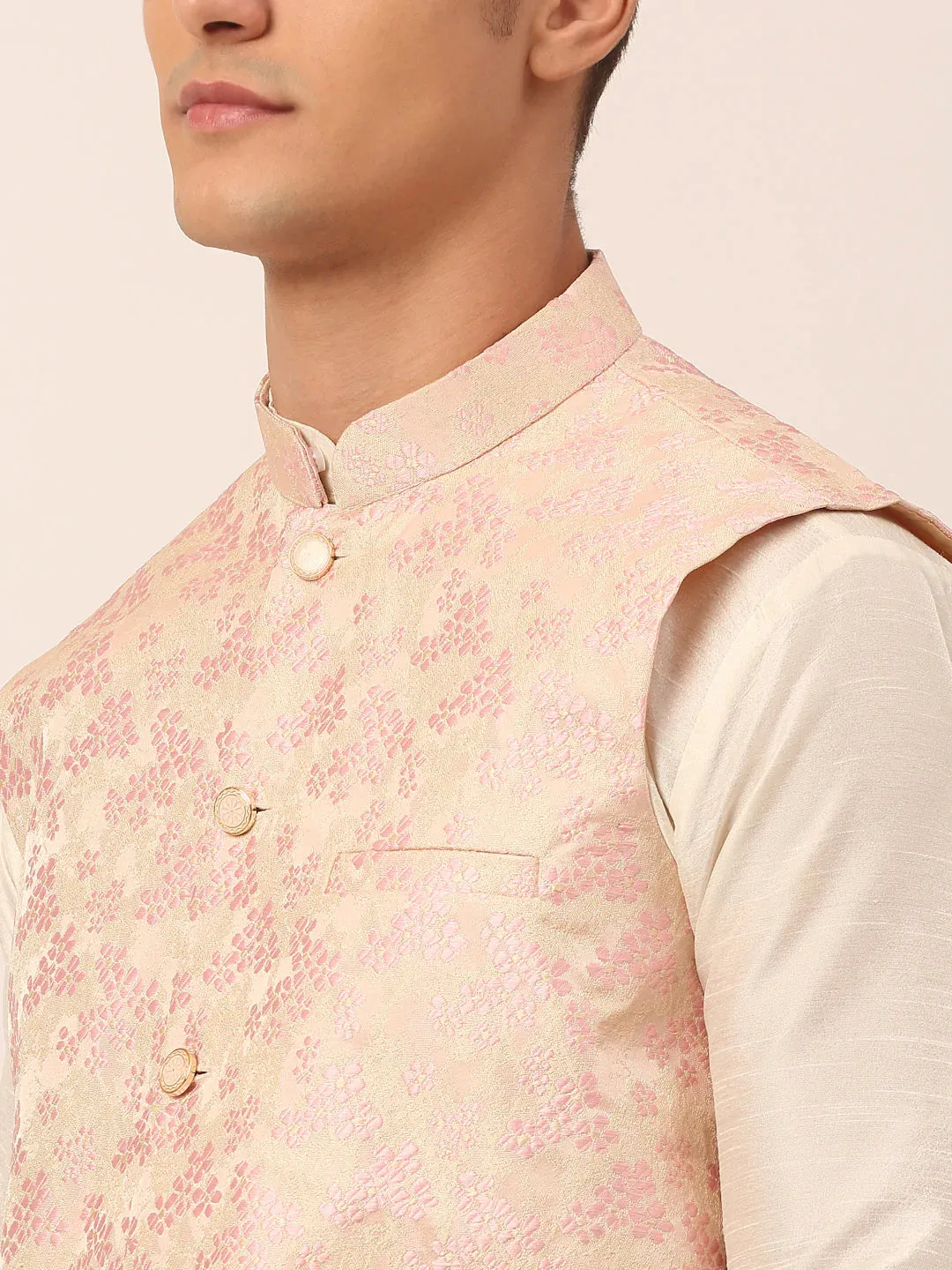 Men'S Pink Floral Design Nehru Jacket.