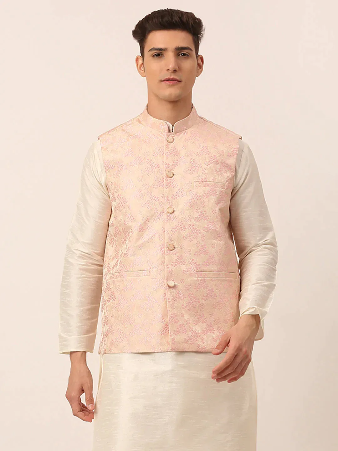 Men'S Pink Floral Design Nehru Jacket.