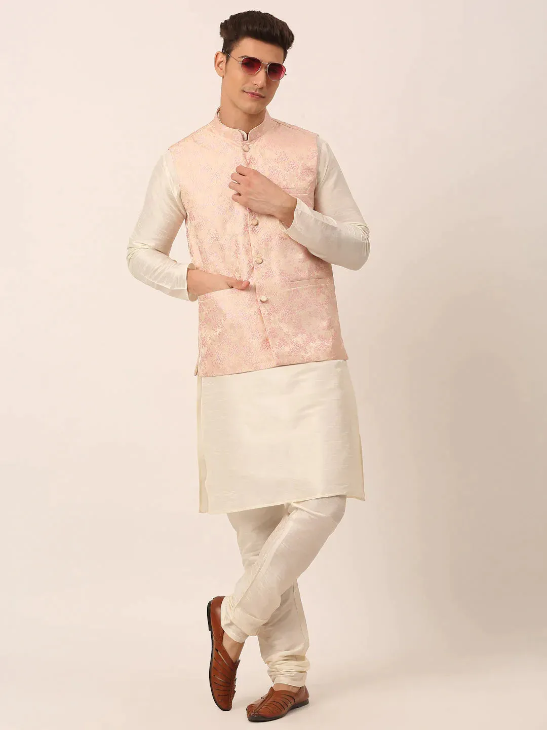 Men'S Pink Floral Design Nehru Jacket.