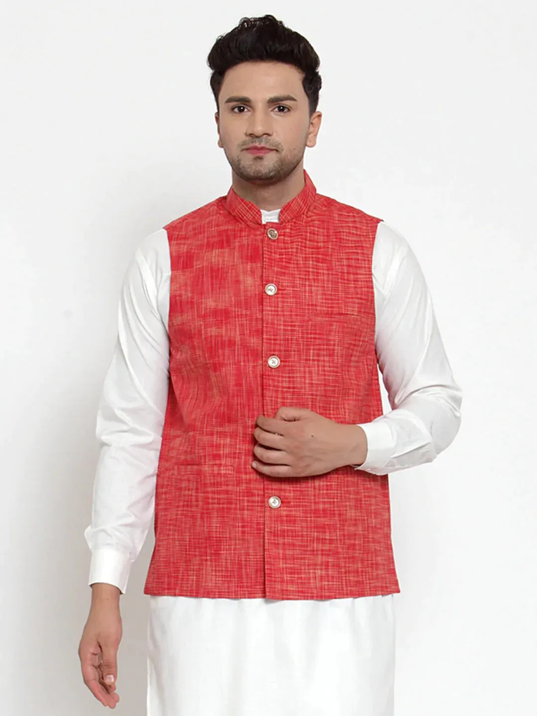 Men'S Red Woven Design Nehru Jacket