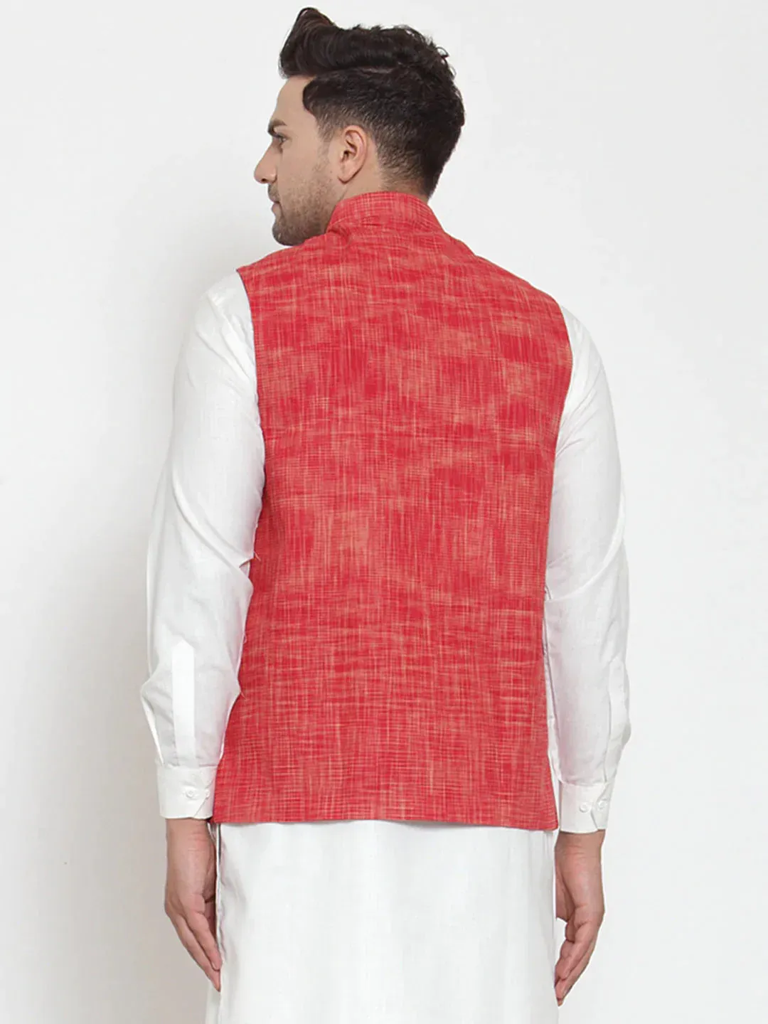 Men'S Red Woven Design Nehru Jacket