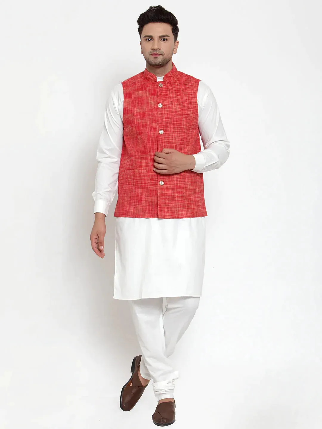 Men'S Red Woven Design Nehru Jacket