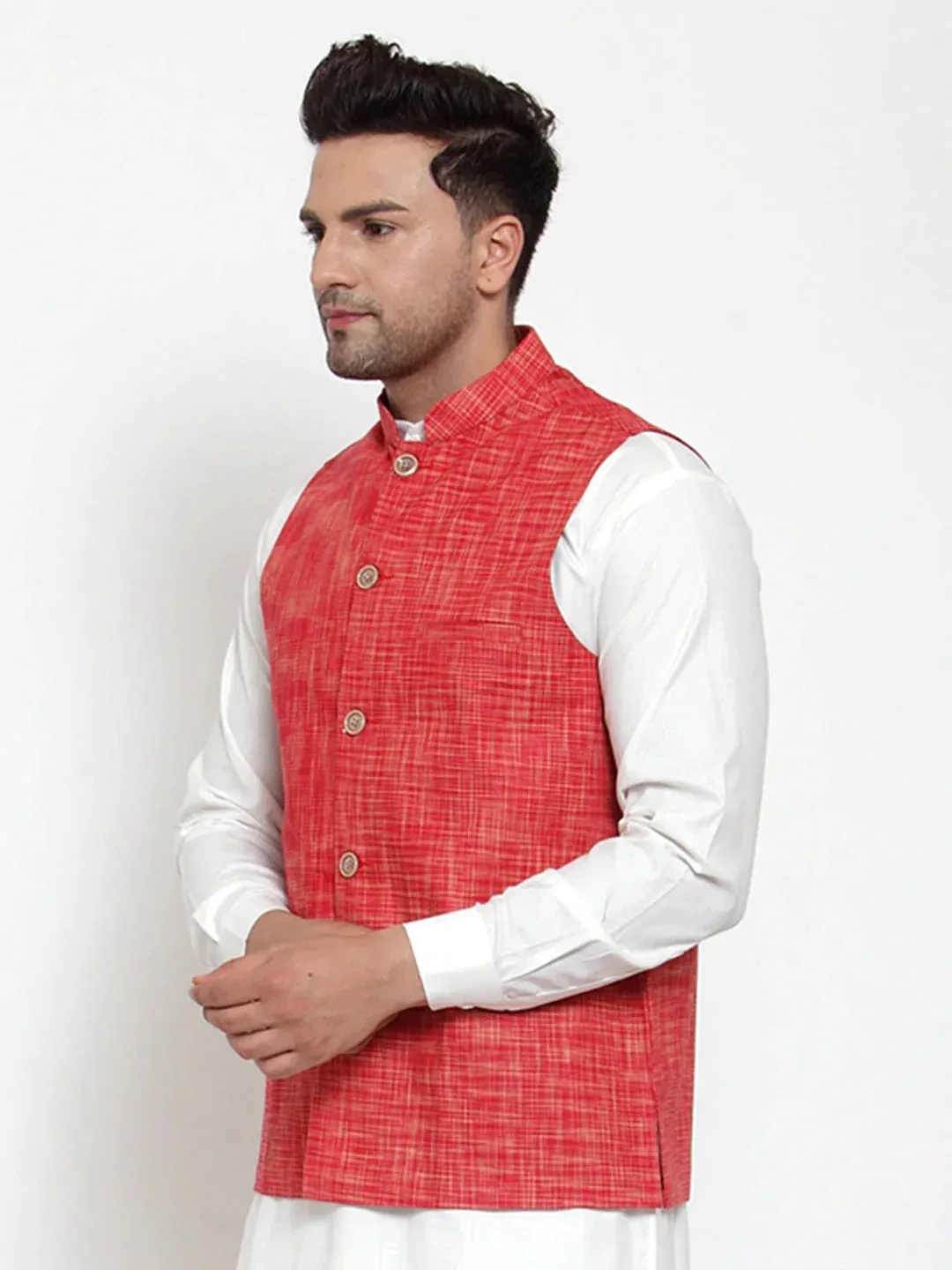 Men'S Red Woven Design Nehru Jacket