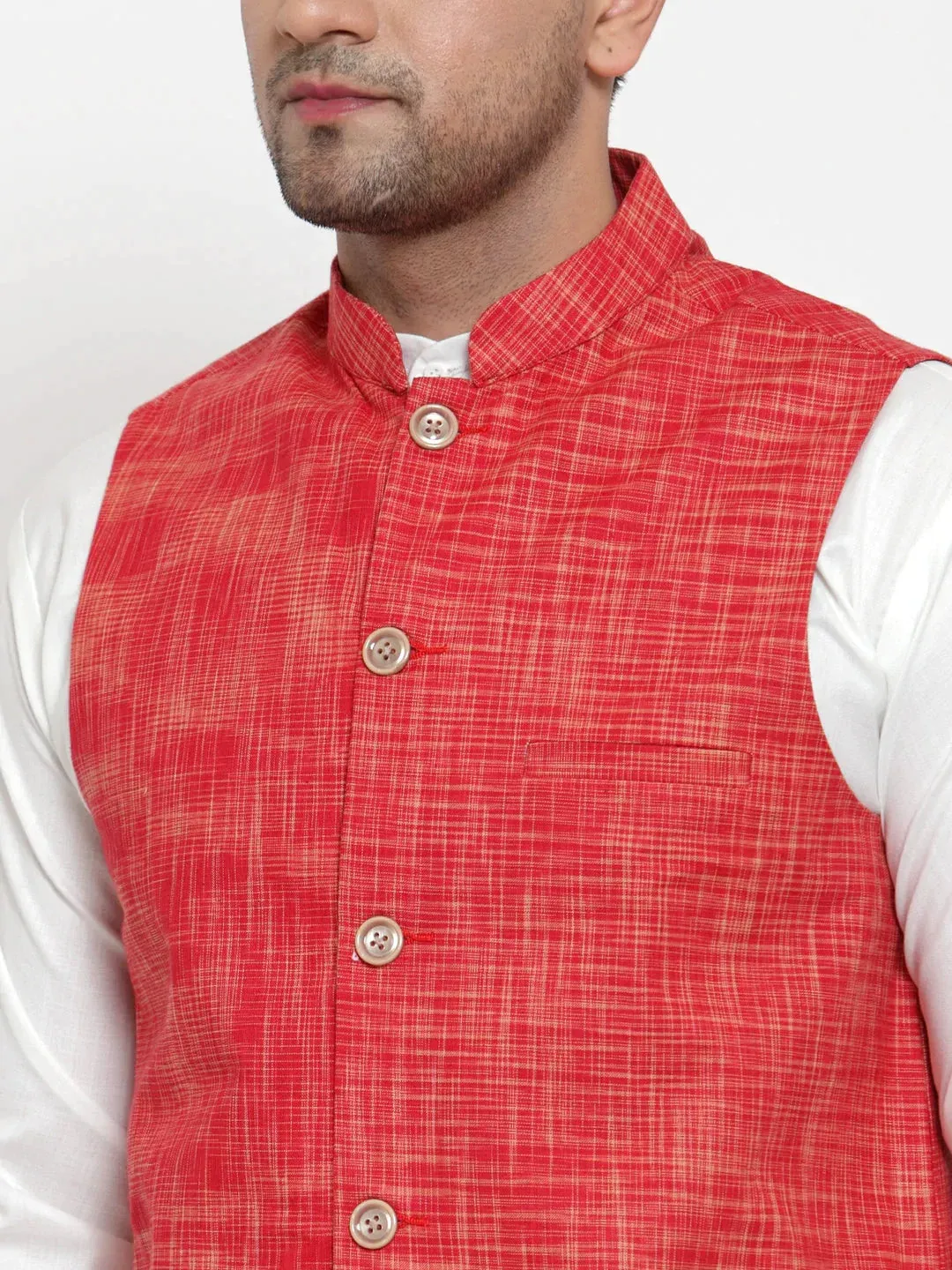 Men'S Red Woven Design Nehru Jacket