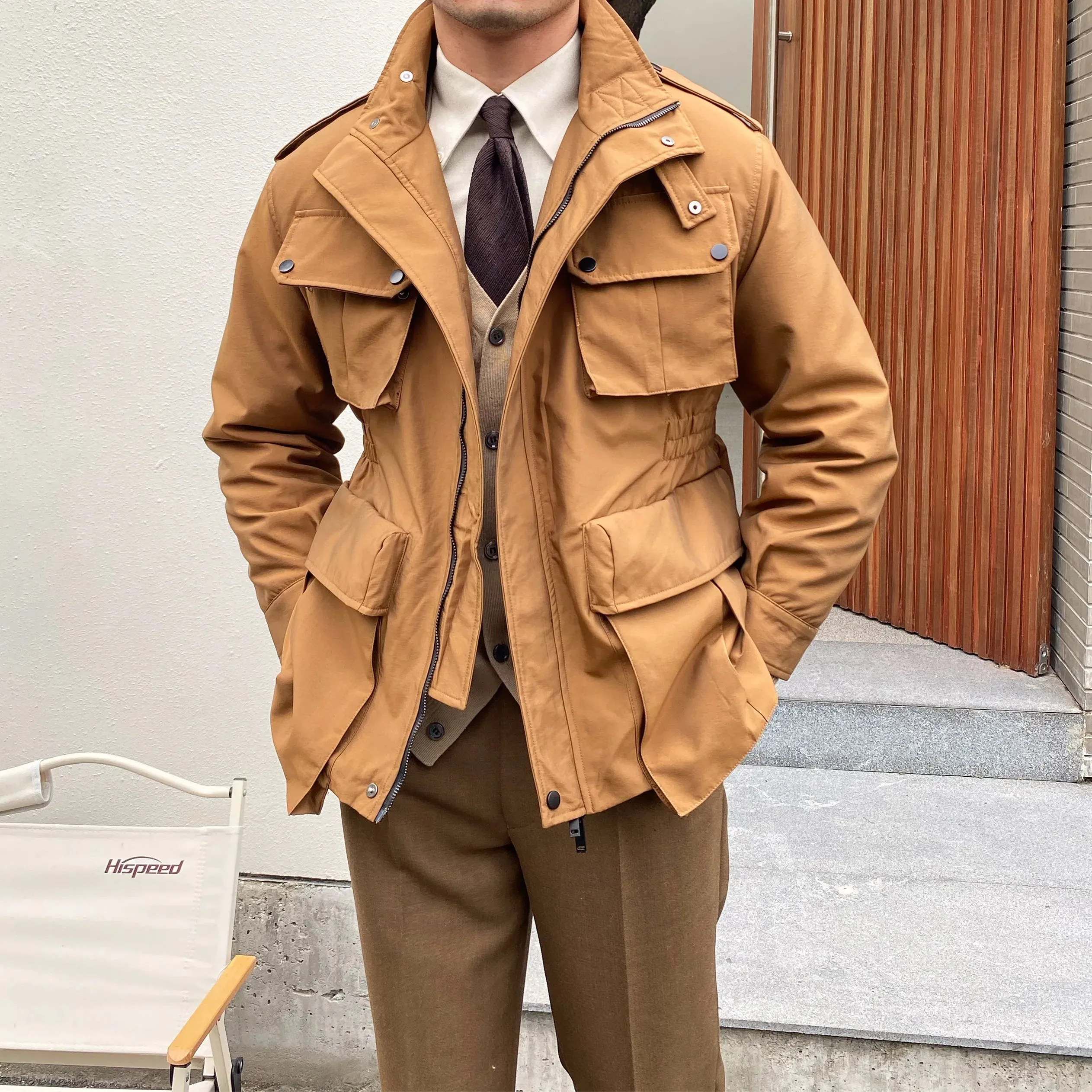 Men's Safari Jacket with Mulit-pockets and Stand Collar