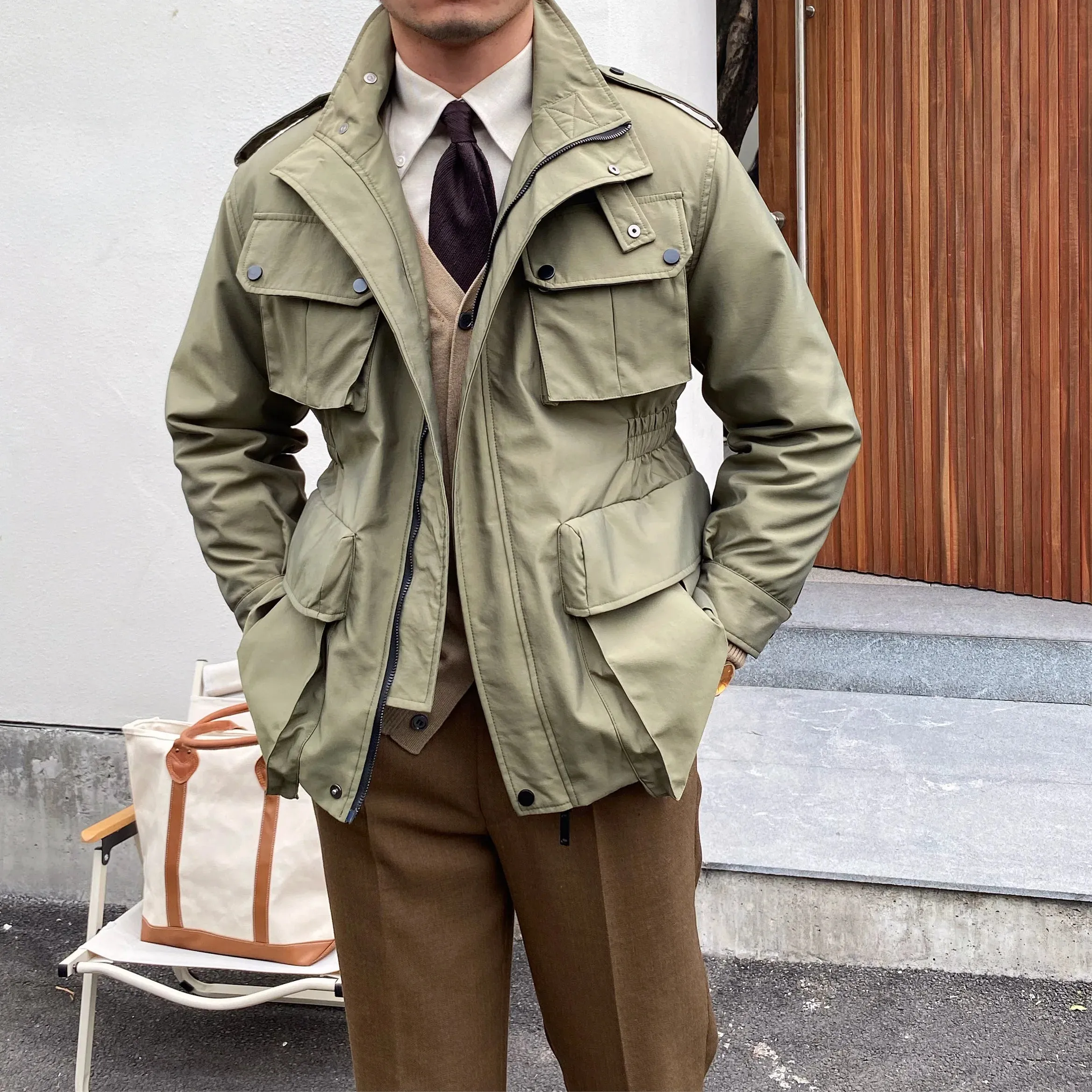 Men's Safari Jacket with Mulit-pockets and Stand Collar