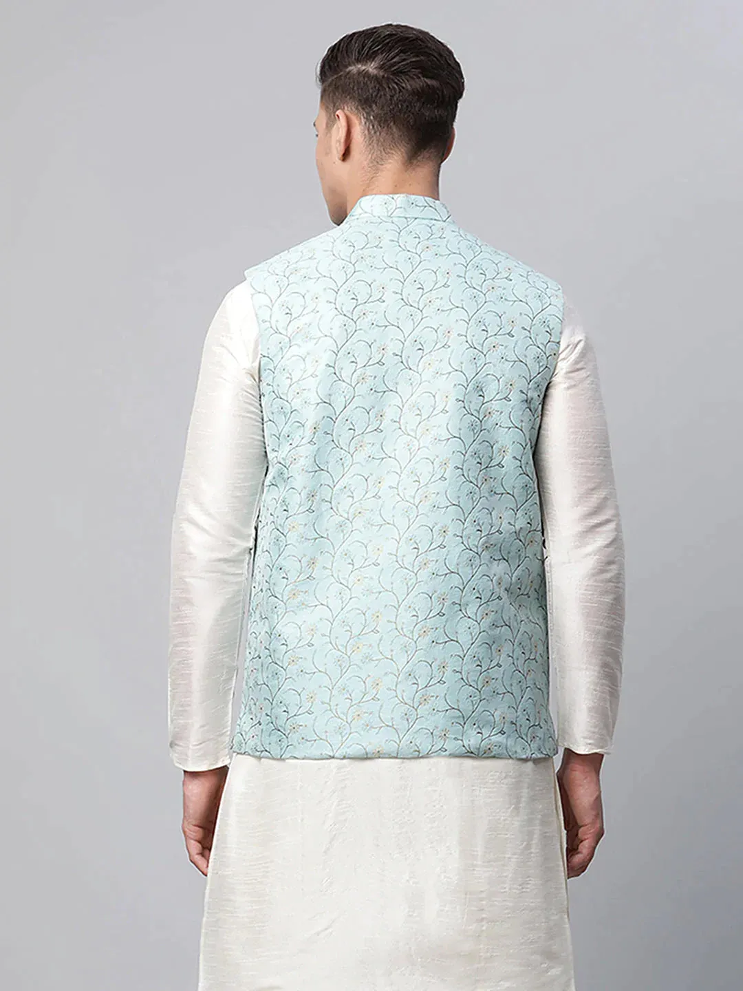 Men'S Sky Blue Printed Textured Nehru Jacket