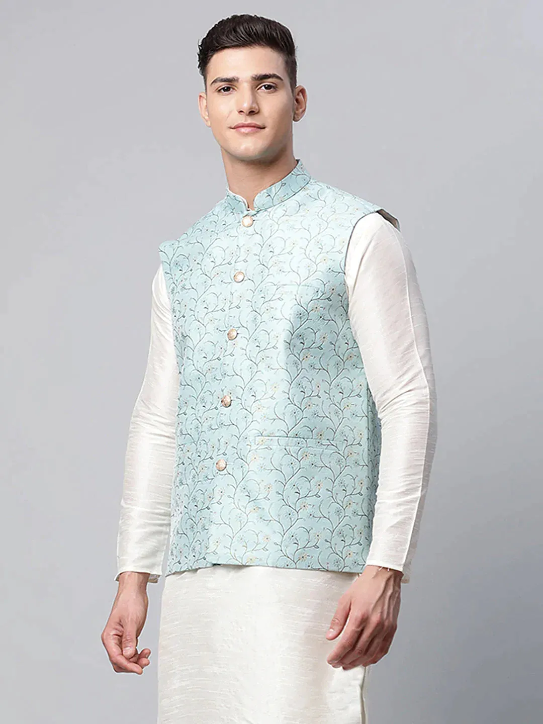 Men'S Sky Blue Printed Textured Nehru Jacket