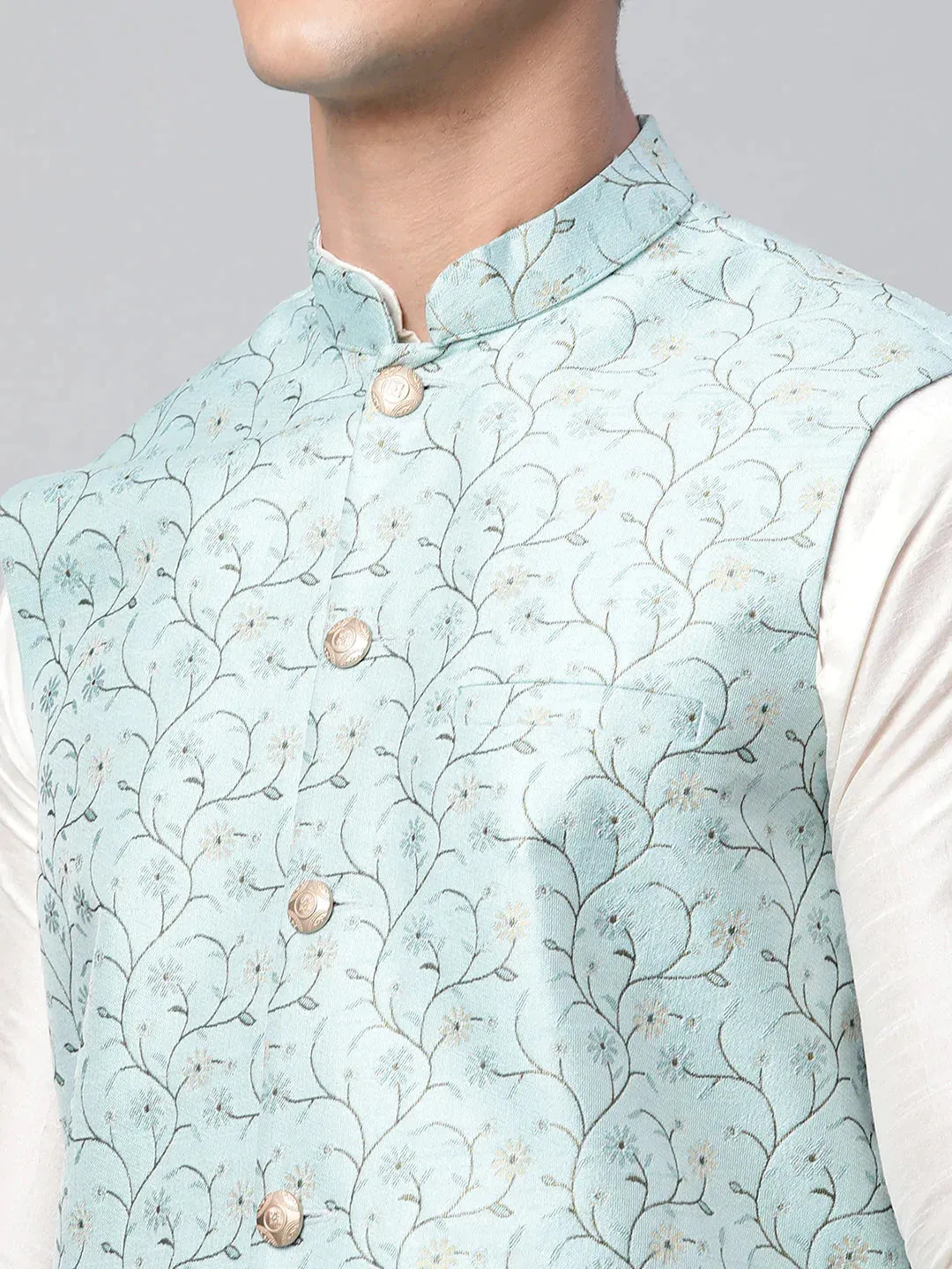 Men'S Sky Blue Printed Textured Nehru Jacket