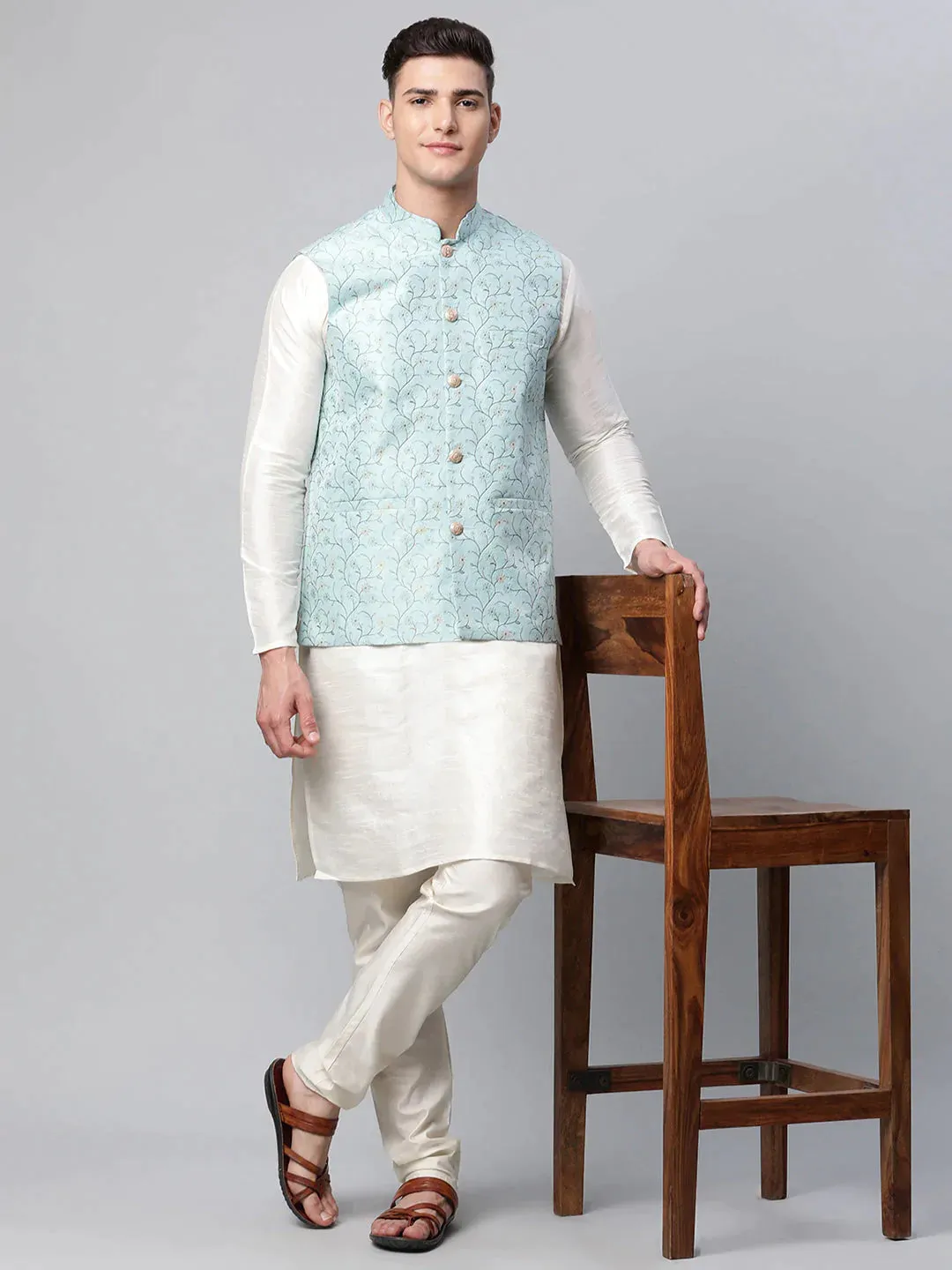 Men'S Sky Blue Printed Textured Nehru Jacket