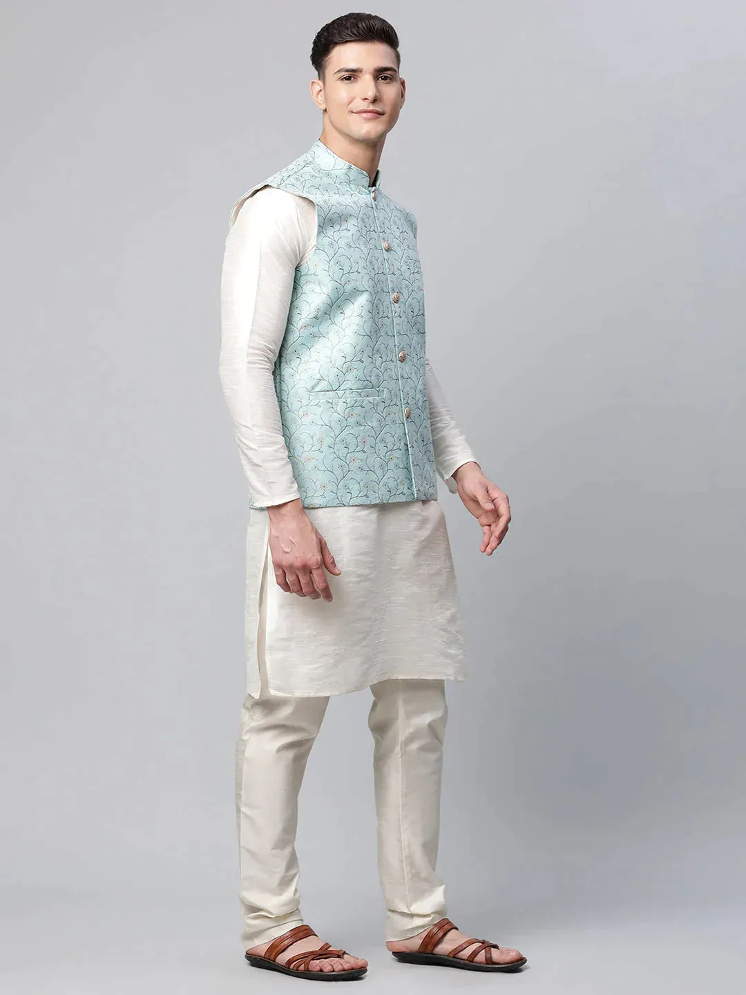 Men'S Sky Blue Printed Textured Nehru Jacket