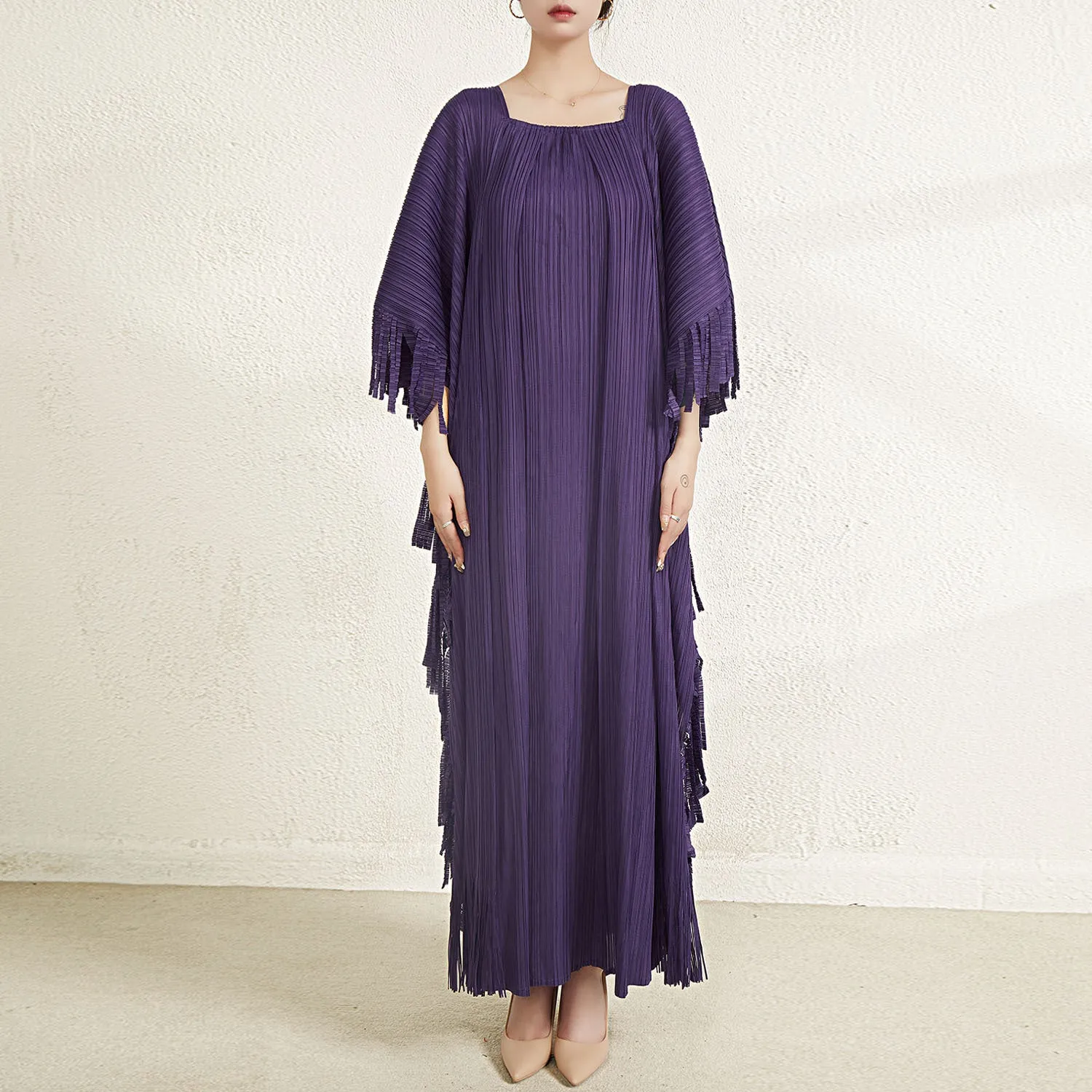 Miyake Pleated Flare Sleeves Maxi Dress with Fringe Detail