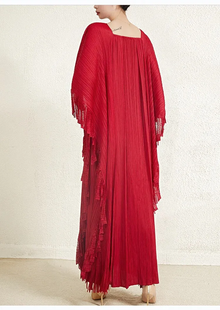 Miyake Pleated Flare Sleeves Maxi Dress with Fringe Detail