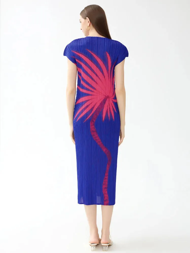 Miyake Pleated Printed Dolman Sleeve Midi Dress