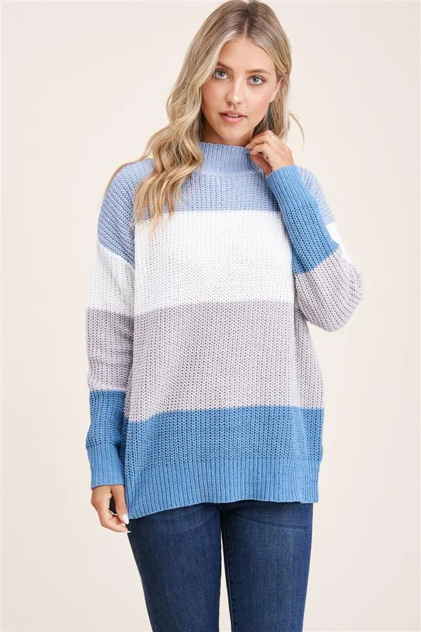 Mock neck long sleeve color block pullover sweater