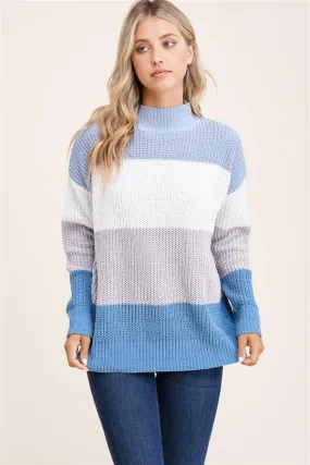 Mock neck long sleeve color block pullover sweater