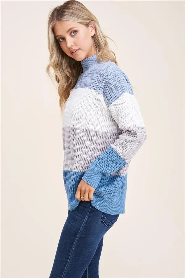 Mock neck long sleeve color block pullover sweater