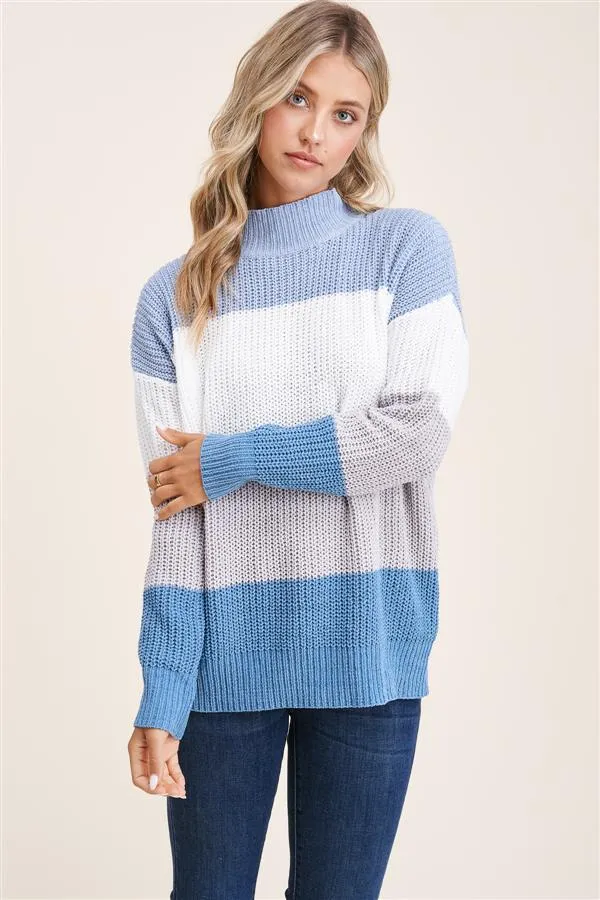 Mock neck long sleeve color block pullover sweater