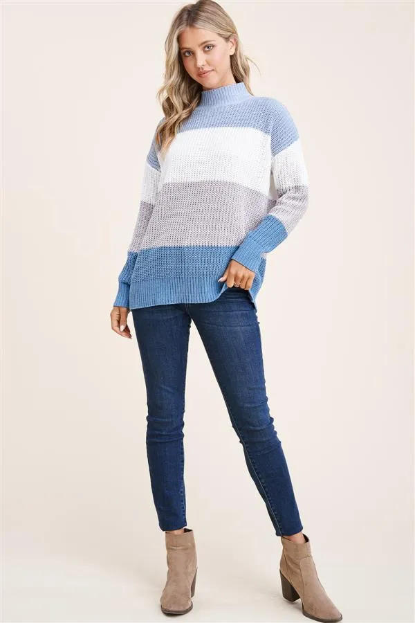 Mock neck long sleeve color block pullover sweater