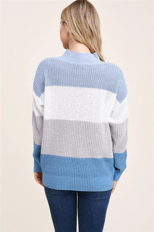 Mock neck long sleeve color block pullover sweater