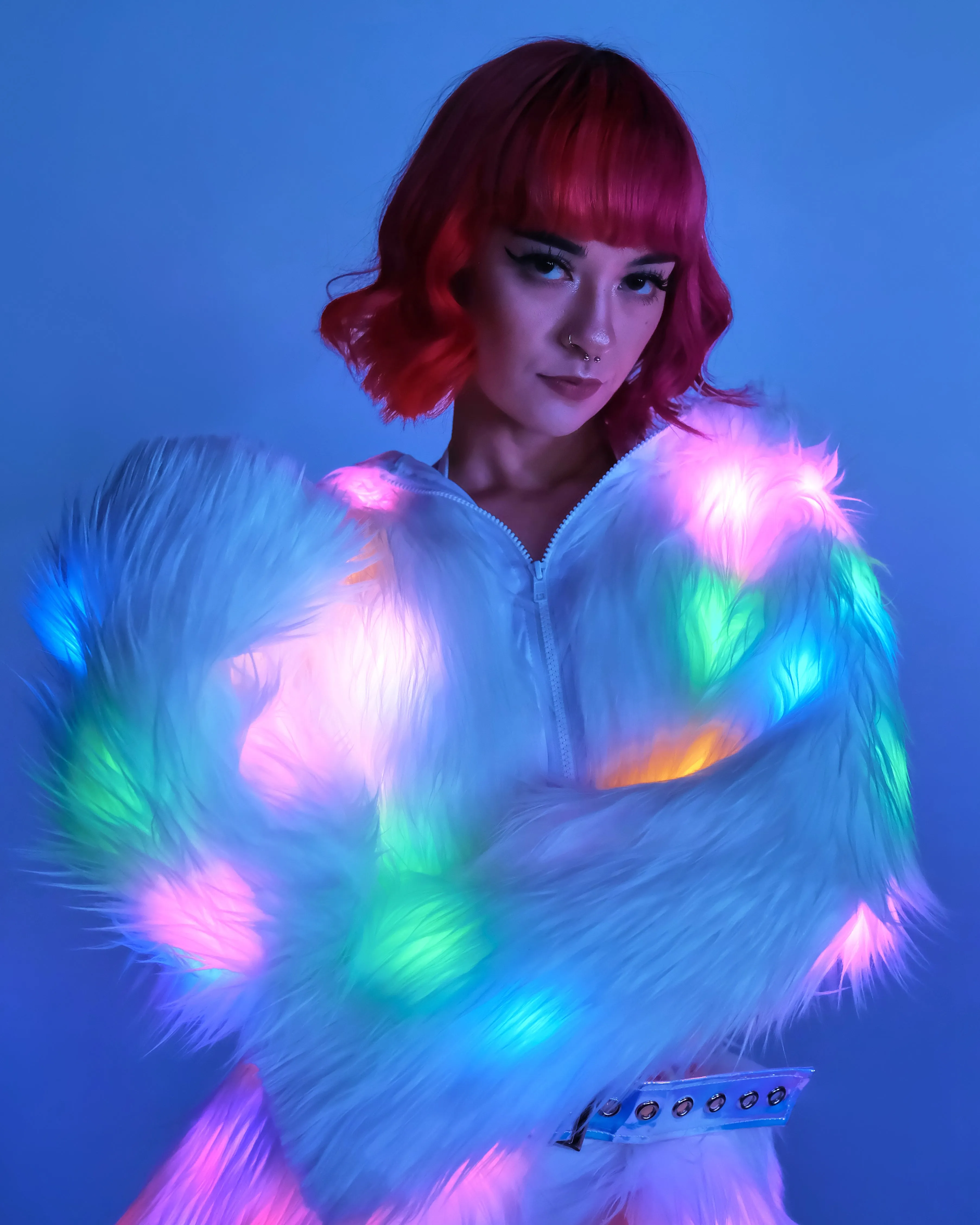 Multi-Color LED White Furry Cropped Hooded Jacket