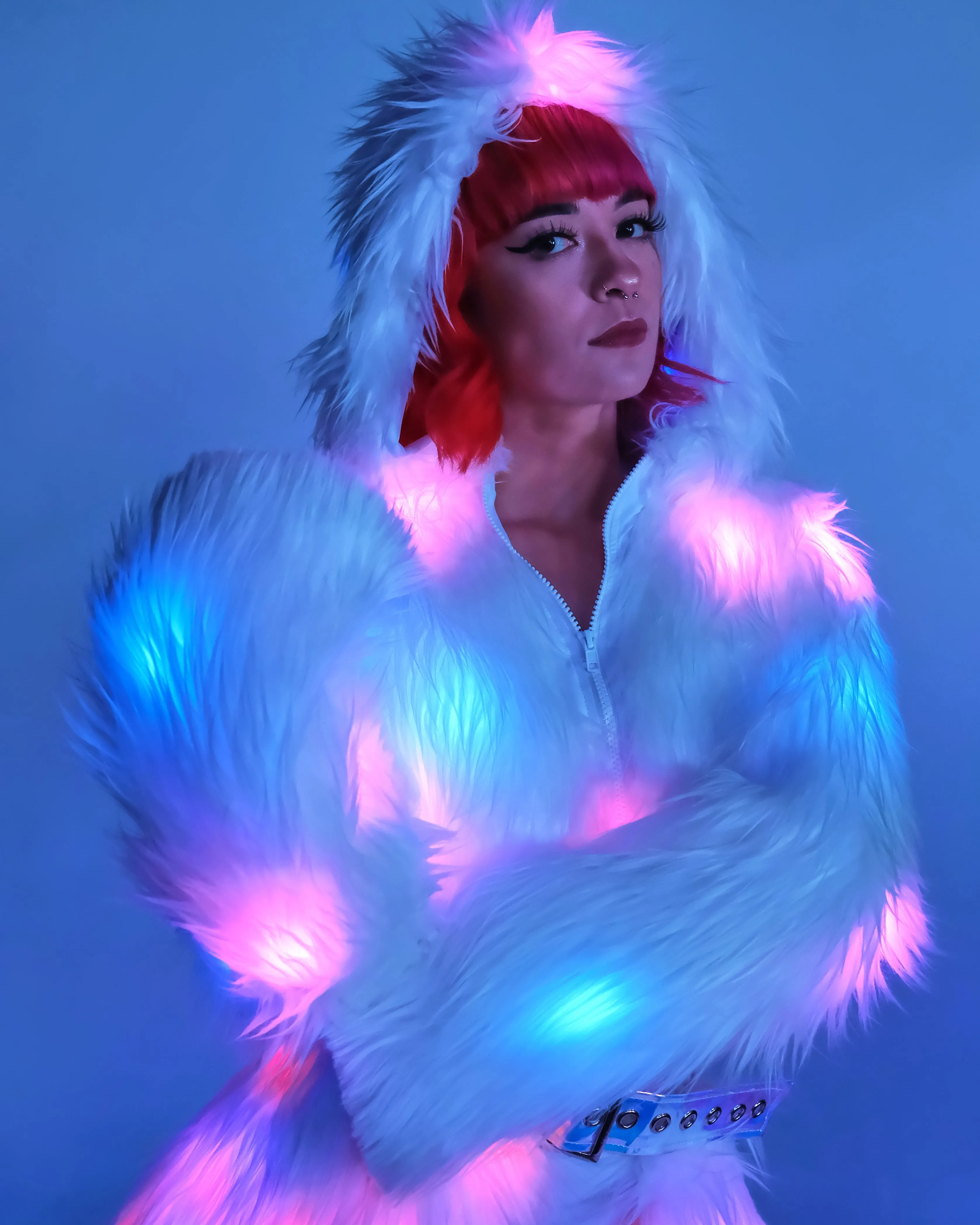 Multi-Color LED White Furry Cropped Hooded Jacket