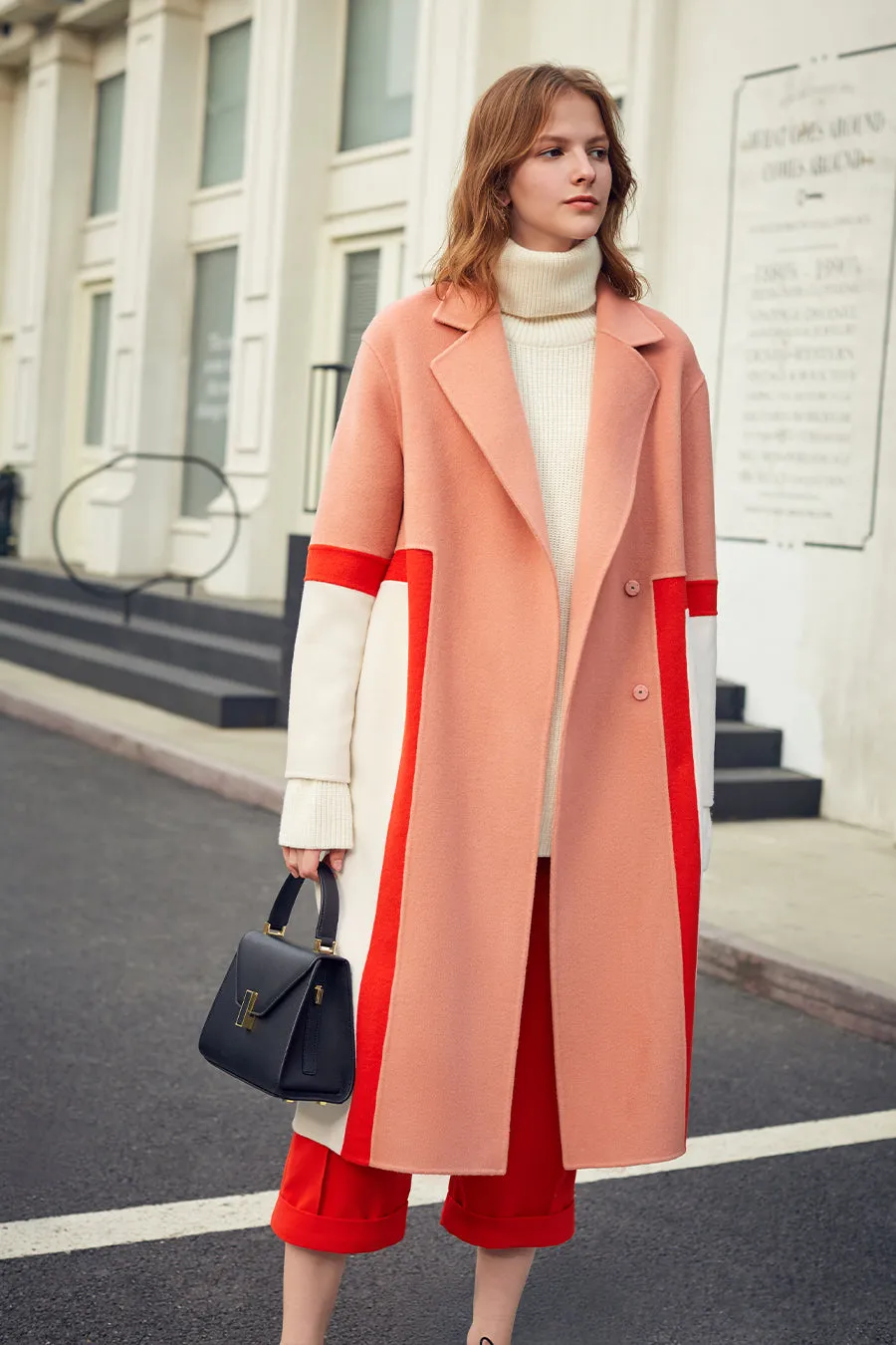 Multi-color matching double-faced wool long coat