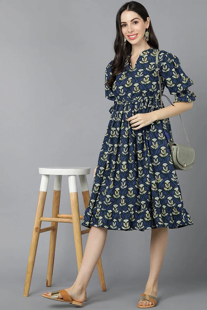 Navy Blue Cotton Flared Dress