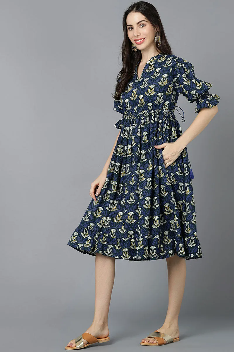 Navy Blue Cotton Flared Dress