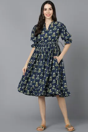 Navy Blue Cotton Flared Dress