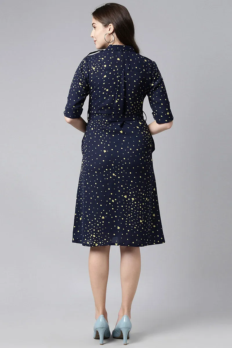 Navy Blue Georgette Dot Printed Straight Mini Dress