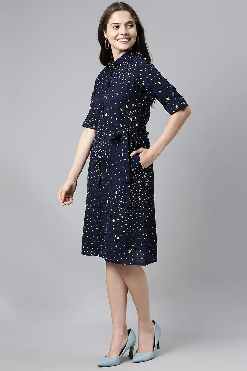 Navy Blue Georgette Dot Printed Straight Mini Dress