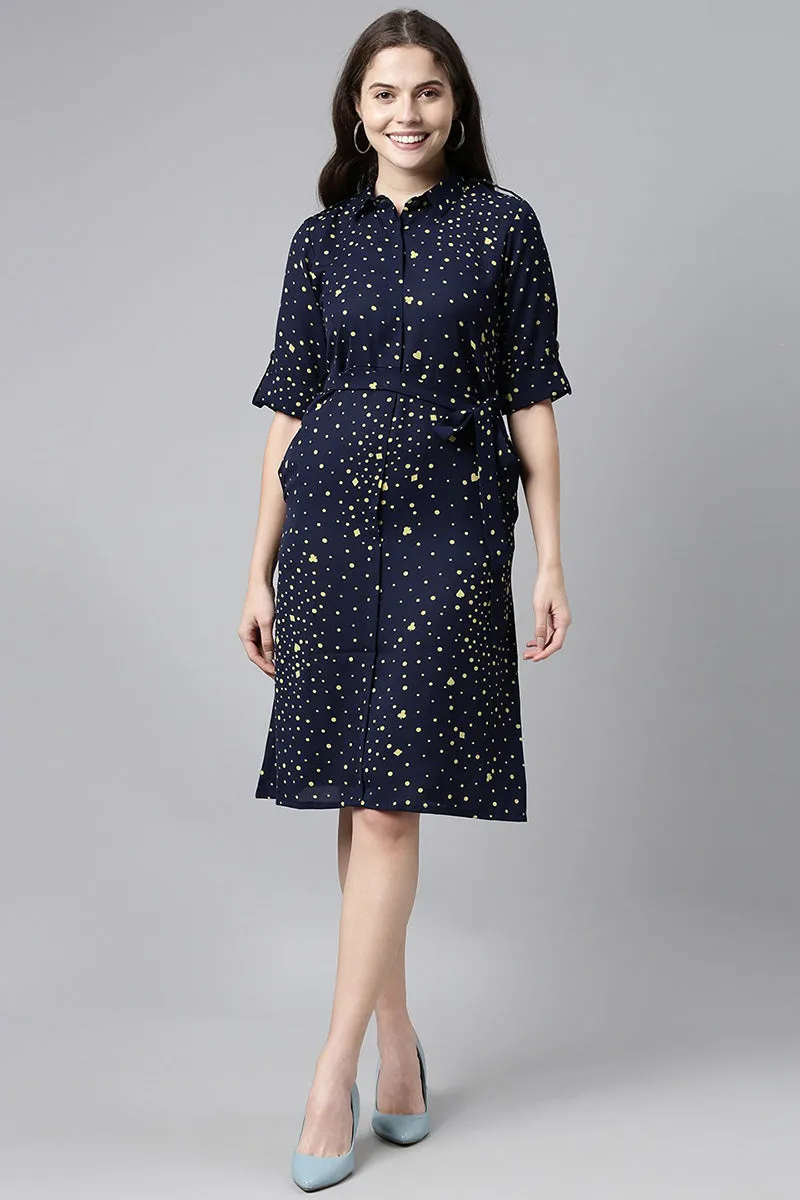 Navy Blue Georgette Dot Printed Straight Mini Dress