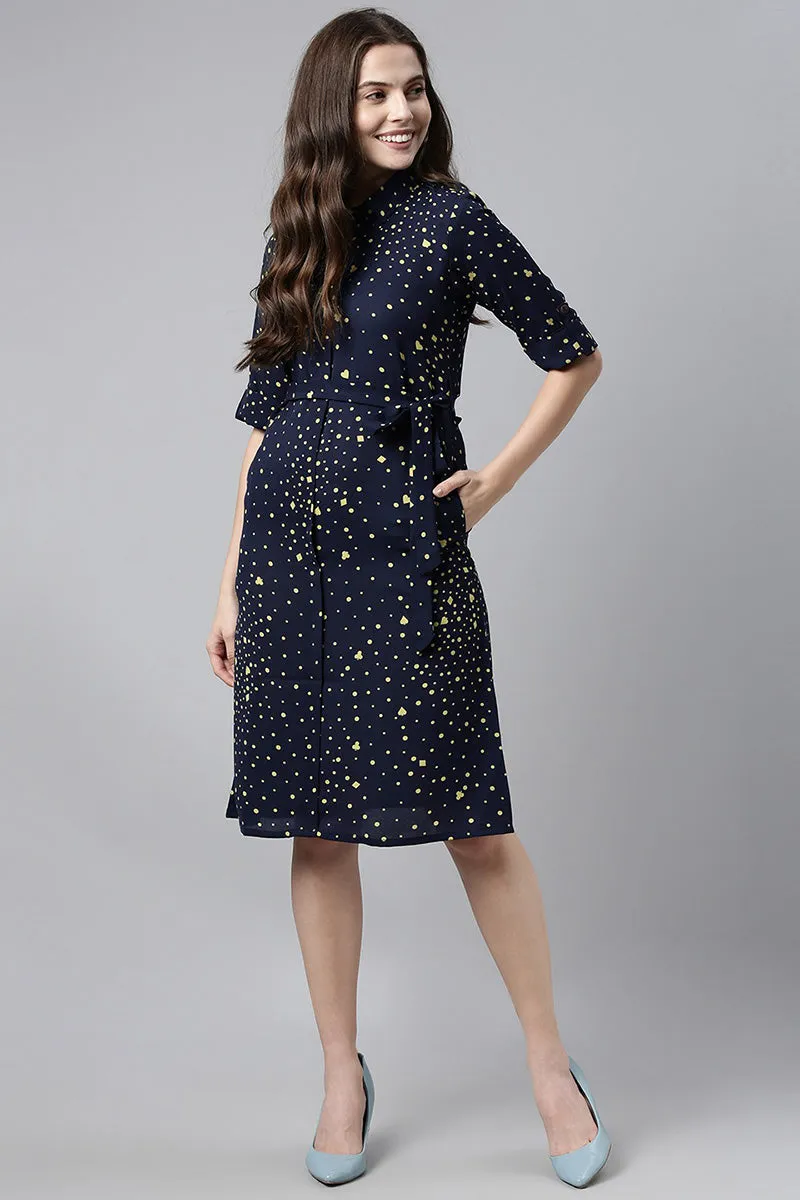 Navy Blue Georgette Dot Printed Straight Mini Dress