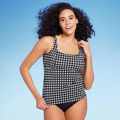 New - Lands' End Women's UPF 50 Underwire Square Neck Tankini Top - Black/White 2