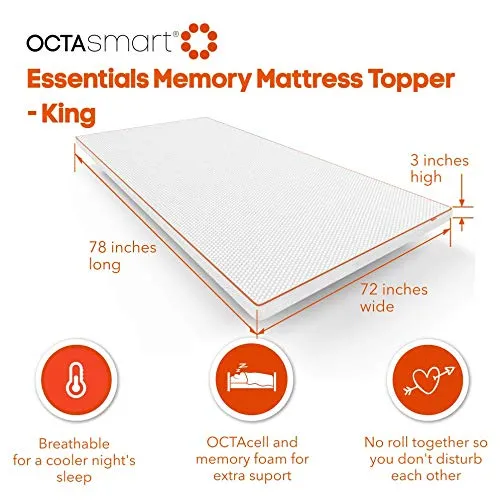 OCTAsmart Essentials Memory Foam Mattress Topper I OctacellTM Technology I King 72 x 78 x 3 inches I